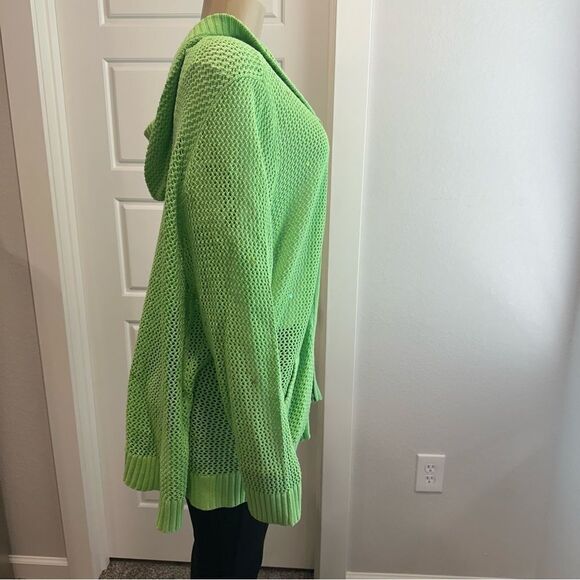 Quaker Factory 3X Lime Green Open-Knit Zip Cardigan Sweater Jacket Sequins Hood - Picture 3 of 9